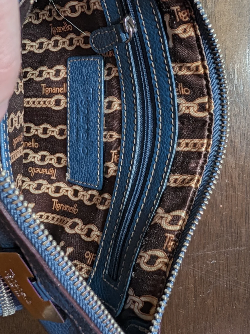 Tignanello Blue Pebbled Leather Organizer Crossbody Bag Purse